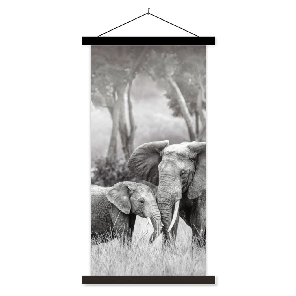 MuchoWow Textilposter Elefant - Tiere - Natur - Schwarz und weiß 40x80 cm mit schwarzem Rahmen - Wandemalerei