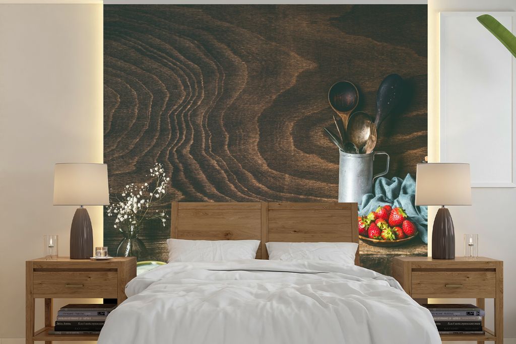 MuchoWow Fototapete für Wohnzimmer oder Schlafzimmer Wandtapete Vinyl Motivtapete Rustikal - Obst - Küchenutensilien - Erdbeere - 280x280 cm - ...