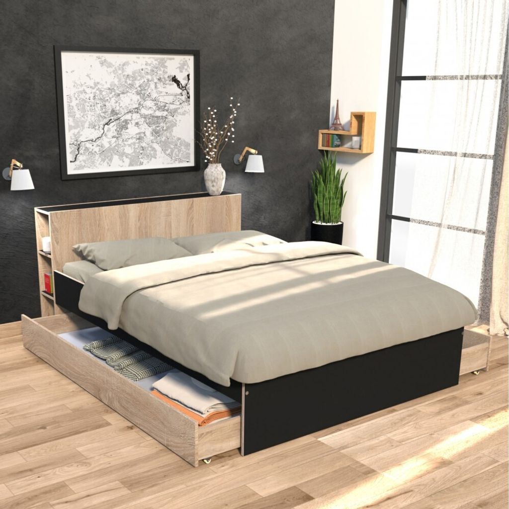 BETT RIGA mit Schubladen / Bett 160x200 - Schwarz und gebleichte Eiche Nachbildung