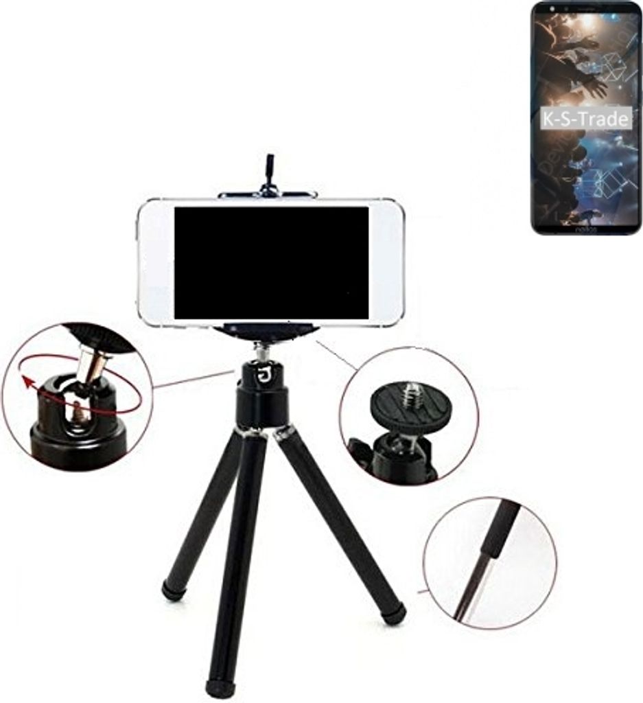 K-S-Trade Smartphone Stativ Dreibein kompatibel mit TP-LINK Neffos C7 Lite Tripod aus Aluminium Klemmstativ Stativ Adapter für Mobiltelefone schwarz