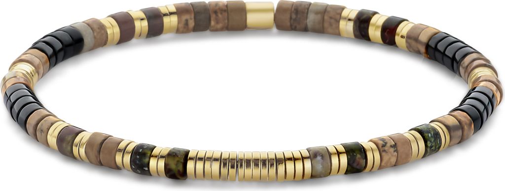 Frank 1967 - 7FB-0763 - platte kralenarmband heren - zwart agaat, groene steen en staal - 4*2 mm