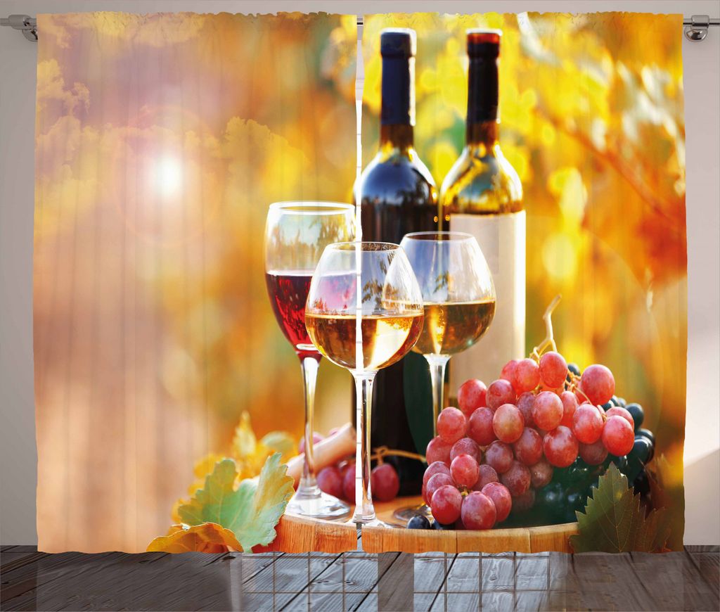 ABAKUHAUS Wein Rustikaler Vorhang, Wein Themed Grape Land, Wohnzimmer Universalband Gardinen mit Schlaufen und Haken, 280 x 245 cm, Orange Rot Schwarz