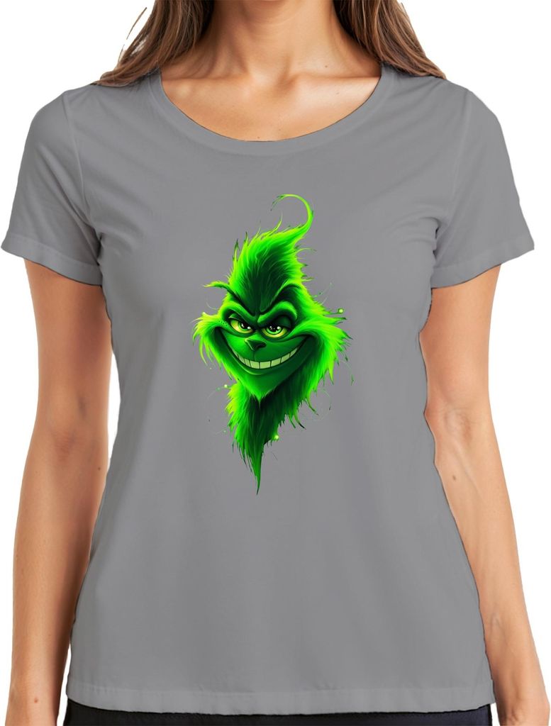 Grinch grinsendes Gesicht Weihnachten grün frech düster Damen T-Shirt, Grau, M