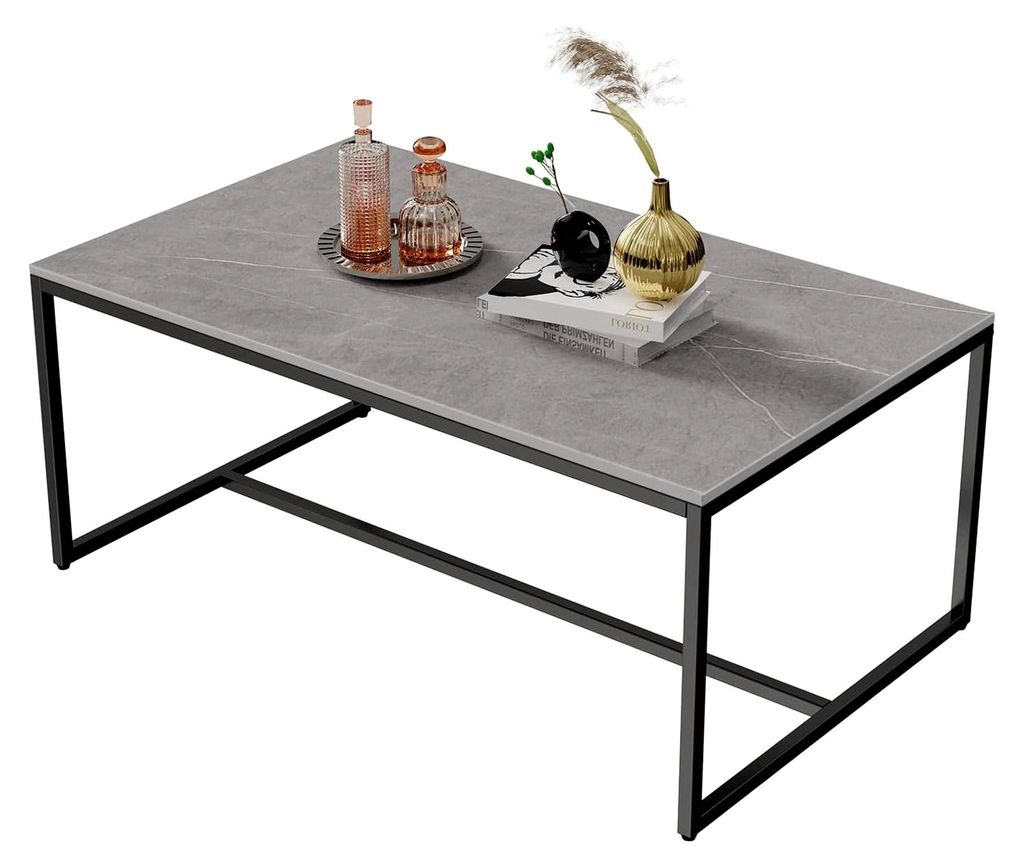 Moderner Couchtisch Grau mit Metallgestell: Rechteckiger Marmor Kaffeetisch für das Wohnzimmer 100x60x42cm