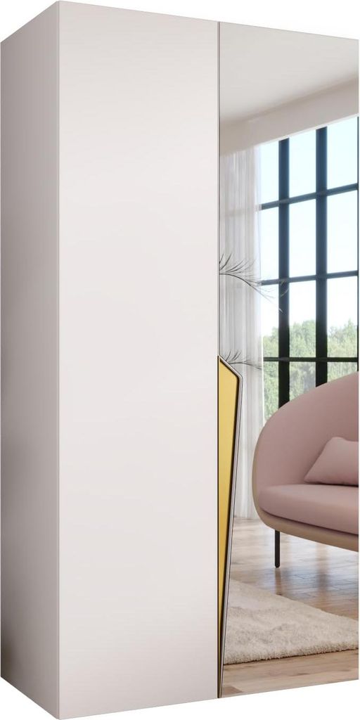 MEBLE KRYSPOL Schrank 100x202x52 cm mit Kleiderstange & Spiegel, 2xTür, PIANO, Weiß, Griff Gold