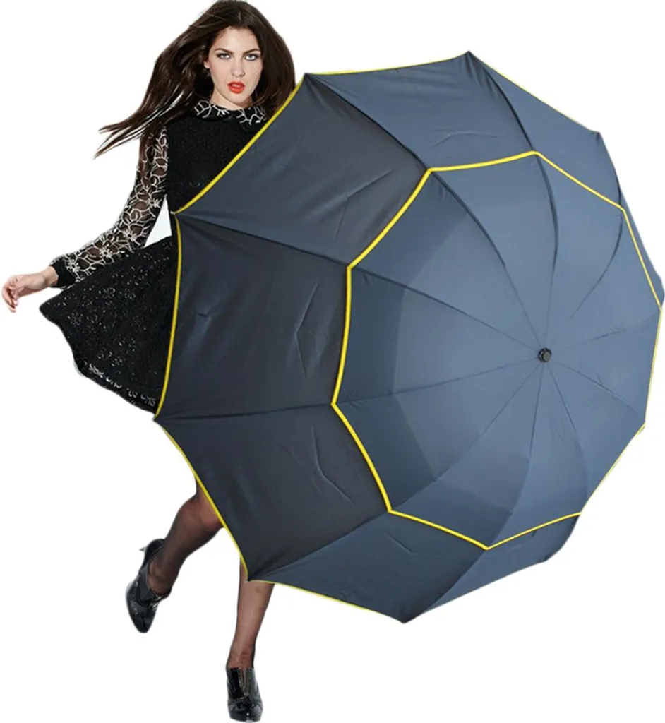 Parapluie Compact XXL Robuste avec Double Canopée Ventilée Noir Classique