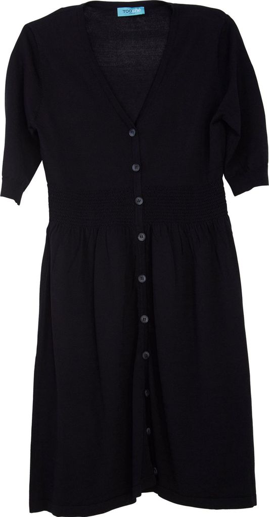 Schwarzes tailliertes Kleid mit V-Ausschnitt, durchgehender Knopfleiste und Ballonärmeln