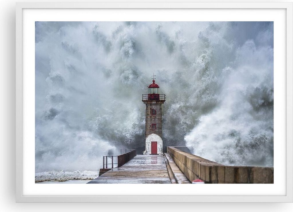 Gerahmtes Poster - Weißer Rahmen - Laterne Meer Sturm - 70x50 cm - Wand Bild - Wanddeko - Wandbilder - Kunstposter - Wandposter - Bilderrahmen - B...