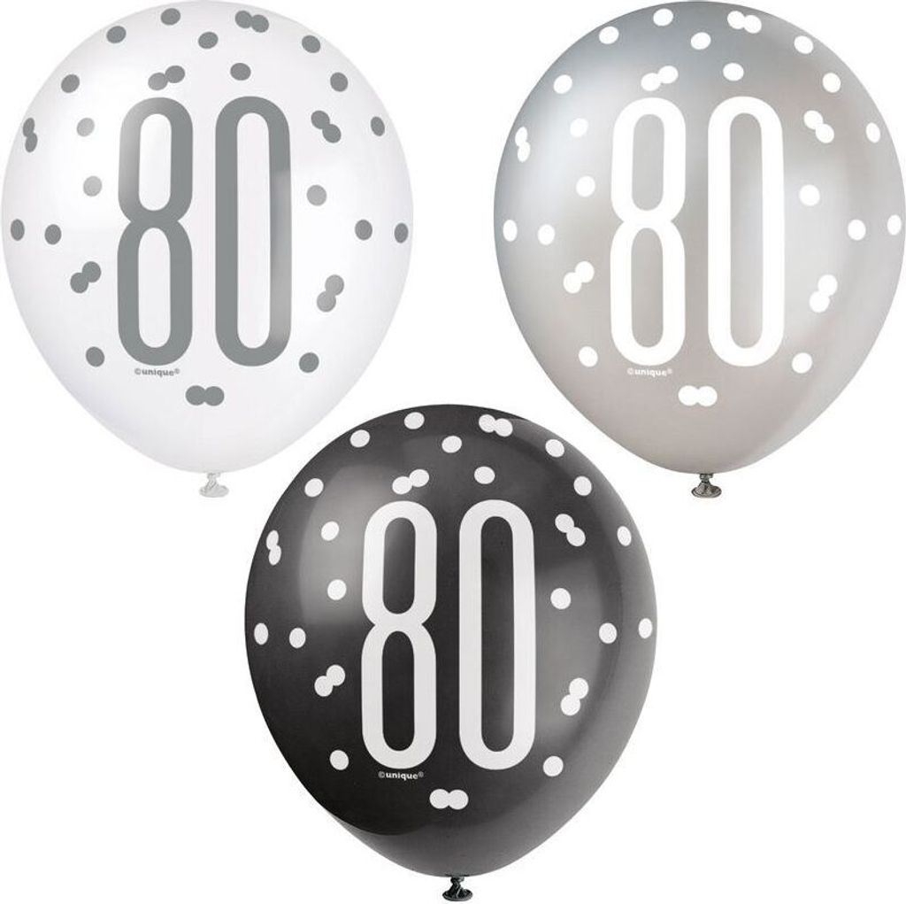 6 Luftballons schwarz & silber Zahl 80