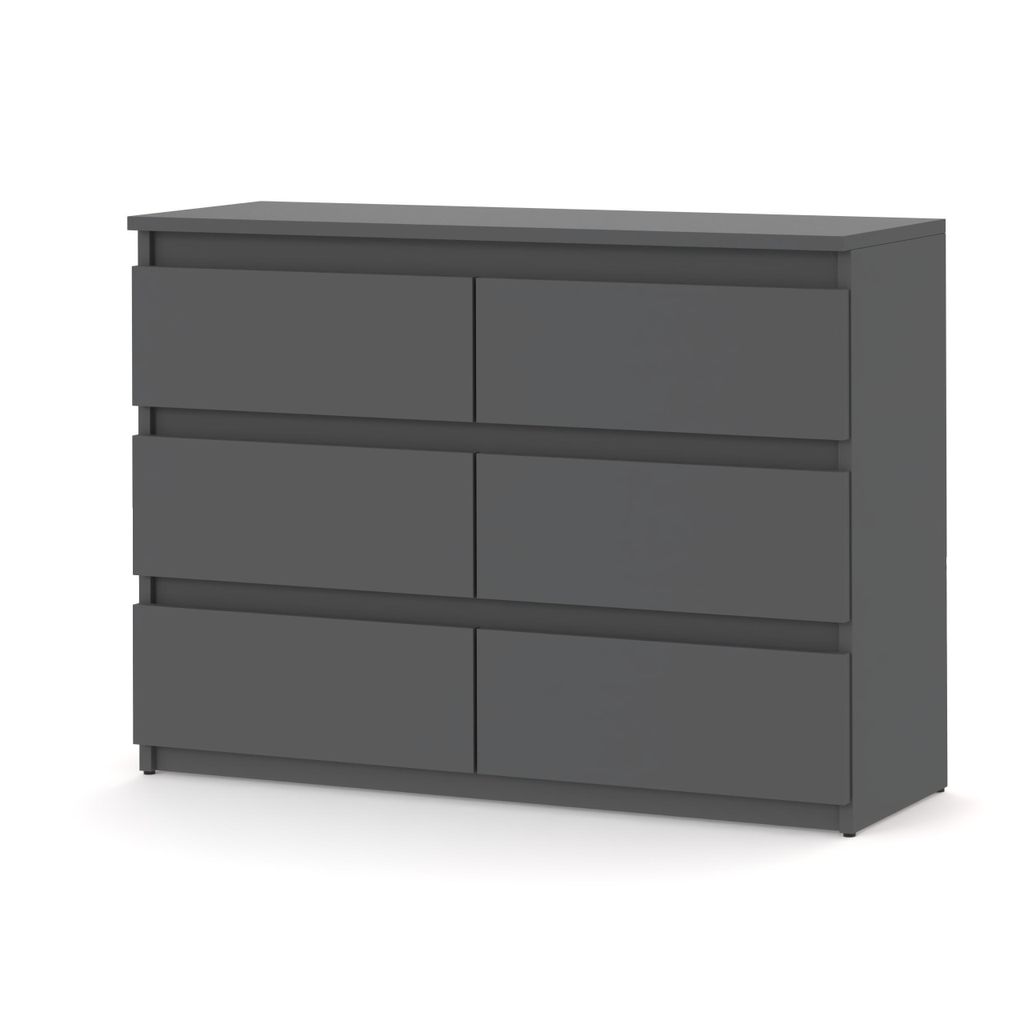 A gray, modern, handleless dresser with six drawers is shown against a white background.