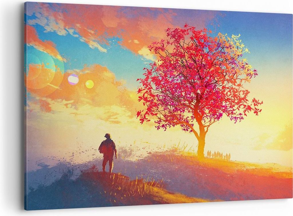 Bild auf Leinwand - Leinwandbild - Baum Wiese Feld - 100x70cm - Wand Bild - Wanddeko - Wandbilder - Leinwanddruck - Bilder - Kunstdruck - Wanddekor...