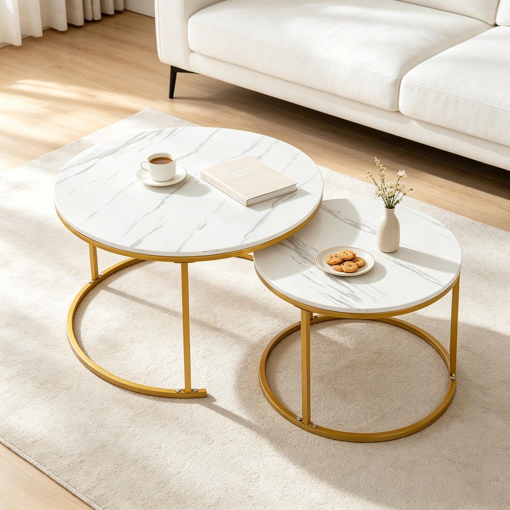 Couchtisch Rund,Satztisch 2er Set,Imitation Marble Produktbild 