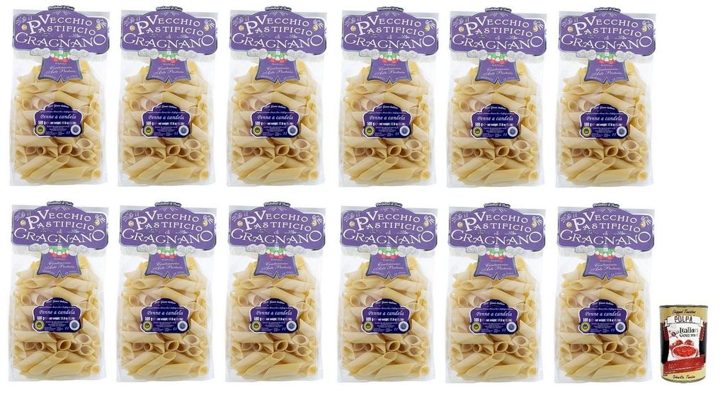 12x Il Vecchio Pastificio di Gragnano Pasta Penne a Candela,Gragnano IGP-Nudeln aus Hartweizengrieß von höchster Qualität 500g + Italian Gourmet...
