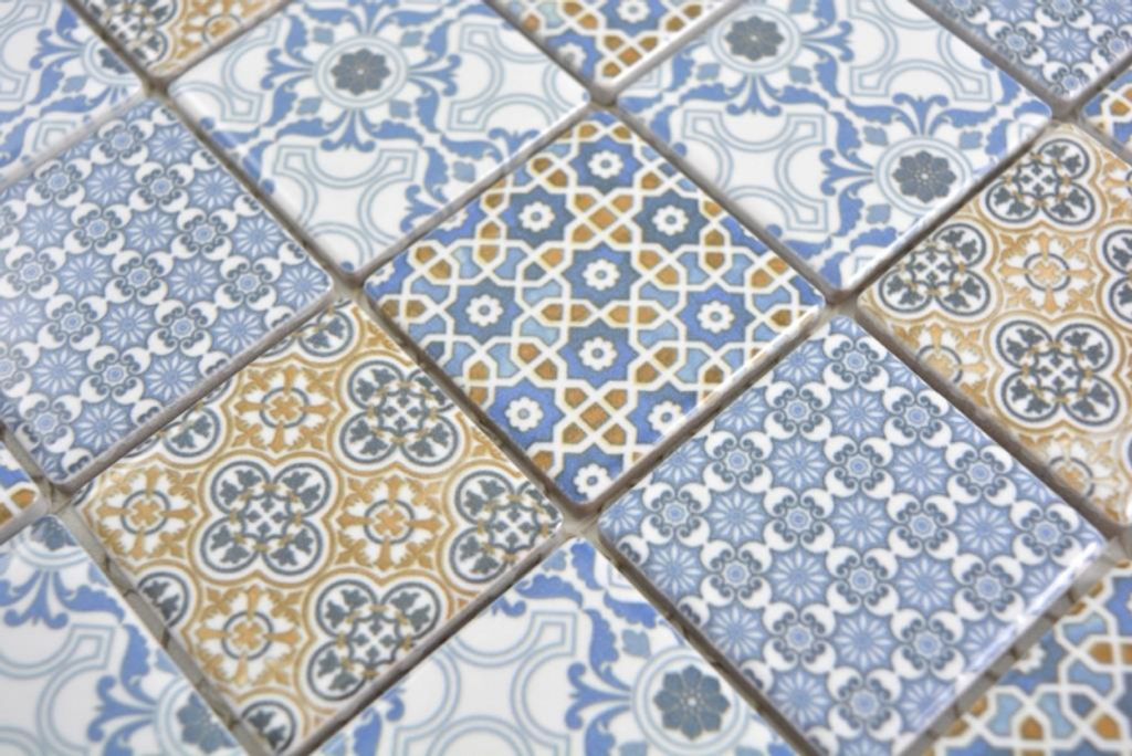 Handmuster Keramik Mosaik Retro beige gelb blau weis Mosaikfliese Wand Fliesenspiegel Küche Bad MOS14-1234_m