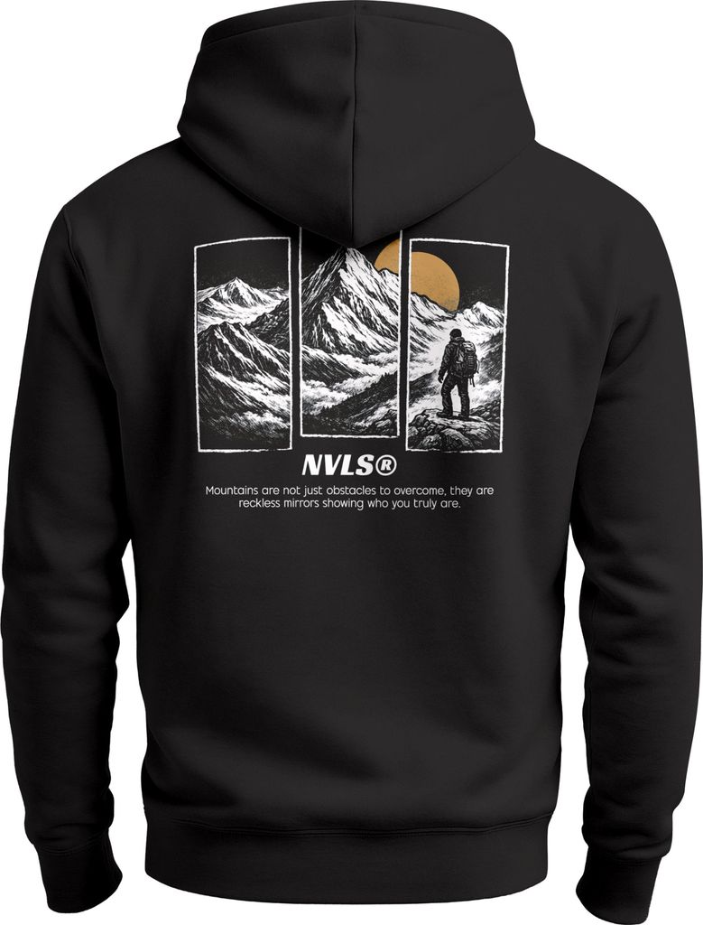 Herren Hoodie Backprint Wandern Himalaya Rückenaufdruck Motiv Kapuzen-Pullover Männer Fashion Streetstyle Neverless