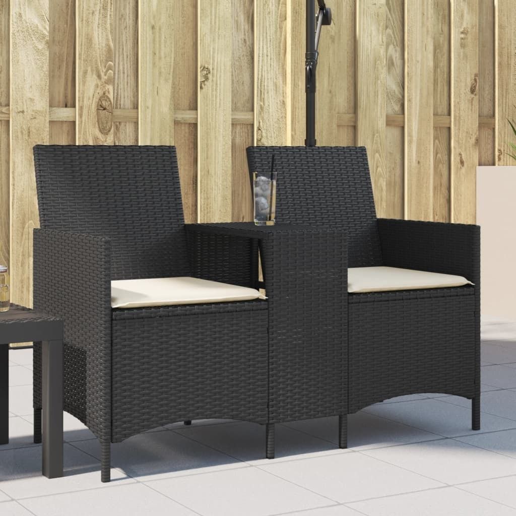 Schlichtes Gartensofa 2-Sitzer mit Tisch und Kissen Schwarz Poly Rattan Sitzgruppe Lounge Sofa DE7441