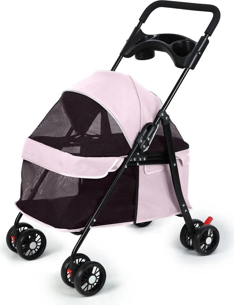 Poussette chat rose pliable avec maille respirante et porte-boisson