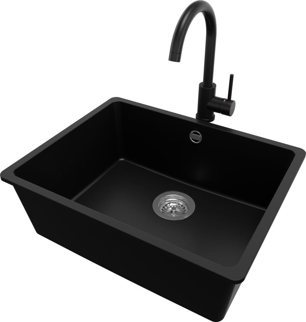 PRIMAGRAN Granitspüle Schwarz 56x44cm, Spülbecken 1 Becken + Küchenarmatur 32x20cm + Ablauf-Set, Küchenspüle ab 60er Unterschrank - Venedig Sl...