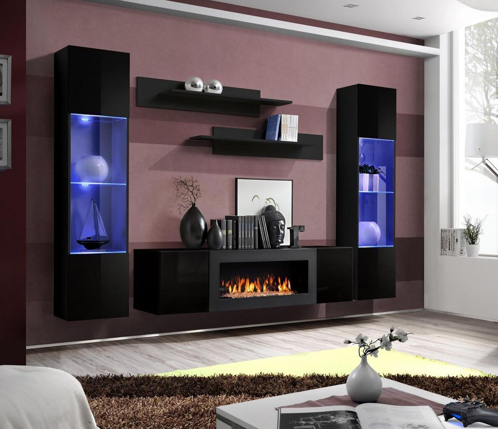 Designer Schwarz Wohnwand Holzmöbel Hänge Vitrine Luxus Sideboard Wand Regale