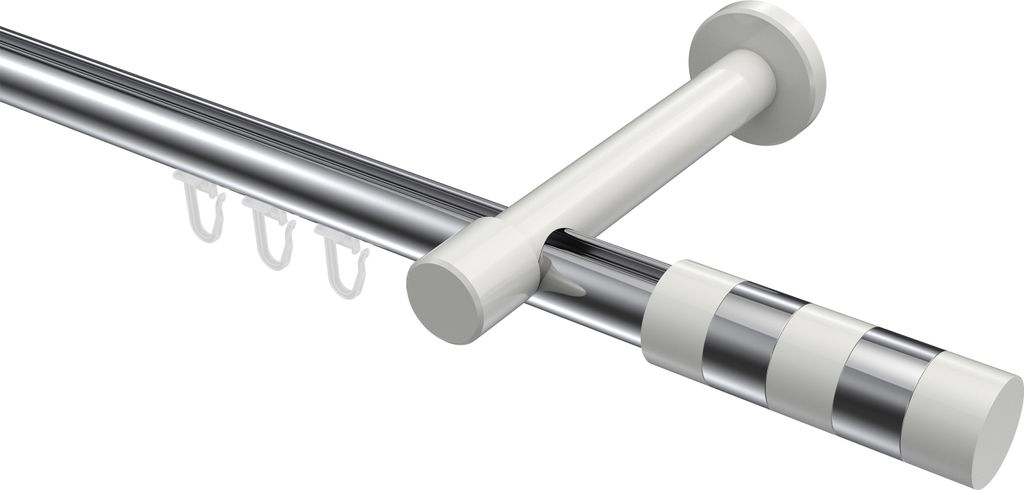 Interdeco Innenlaufstange / Gardinenstange mit Innenlauf Chrom / Weiß, Typ Prestige Mavell (Zylinder Bicolor), 20 mm Ø 1-läufig, 220 cm