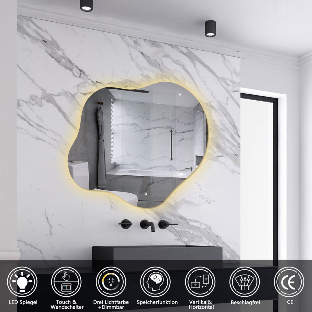 AICA LED Badspiegel Wolkenform 80x55cm Beschlagfrei 3 Lichtfarbe+Dimmbar Badspiegel mit Beleuchtung Badezimmerspiegel 1 Stunde automatische IP44