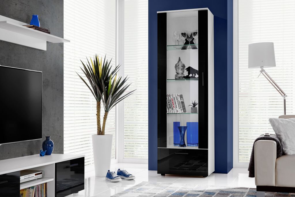 Komodee, Vitrine Schrank Alessandria, Weiß/Schwarz, Breite 60cm x Höhe 192cm x Tiefe 42cm, 3 Glasböden, 1 Regal aus laminierter Platte, für Woh...