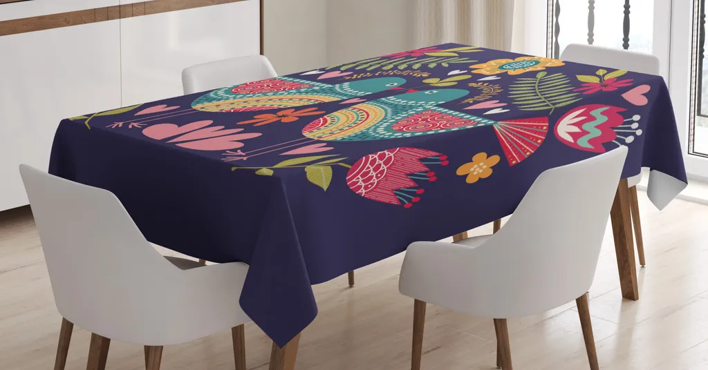 ABAKUHAUS Tovaglia scandinava, uccelli, fiori, arte popolare, adatta per interni ed esterni Lavabile Stampa Colori vivaci Nessuno sbiadimento, 140 x 240 cm, Quarzo Multicolore