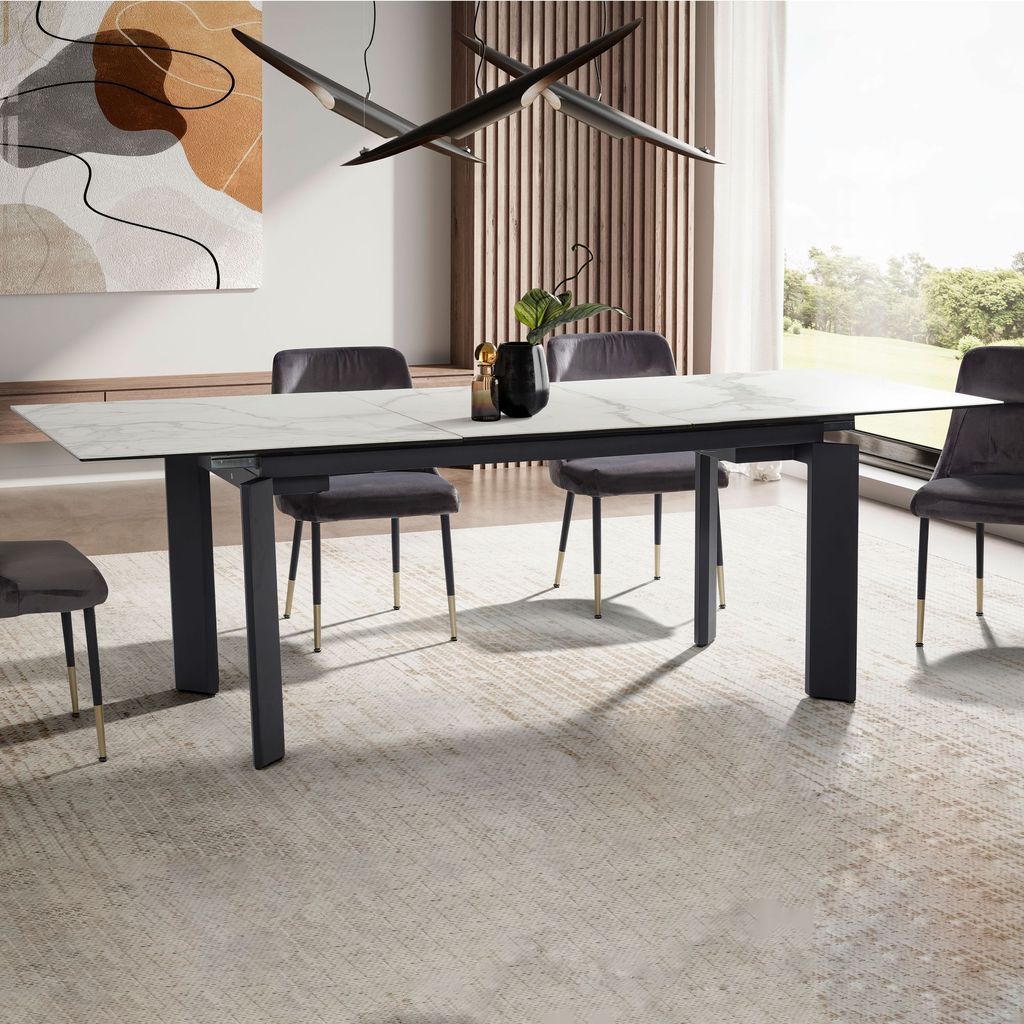 FineBuy Moderner Esstisch ausziehbar 180–240 cm – Glas Keramik Tischplatte – Esstisch mit stabilem Metallgestell – ausziehbarer Küchentisch