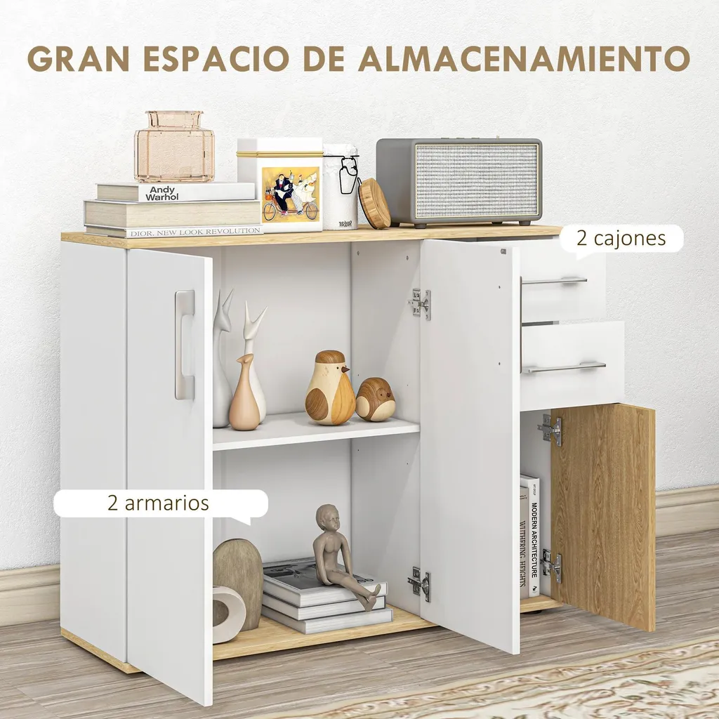 Buffet commode blanc 90x30x75,5 cm - Armoire de salon à 2 tiroirs MOD1 - 8