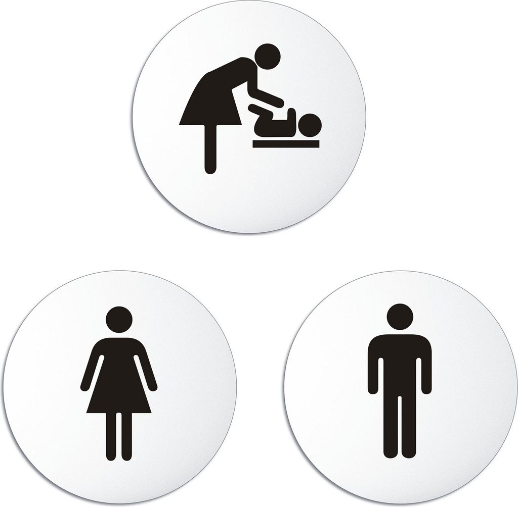 Toilettenschilder Damen-Herren-Wickelraum aus Aluminium | 3er Set WC Schilder | Ø 100 mm – UV-beständig Kratzfest