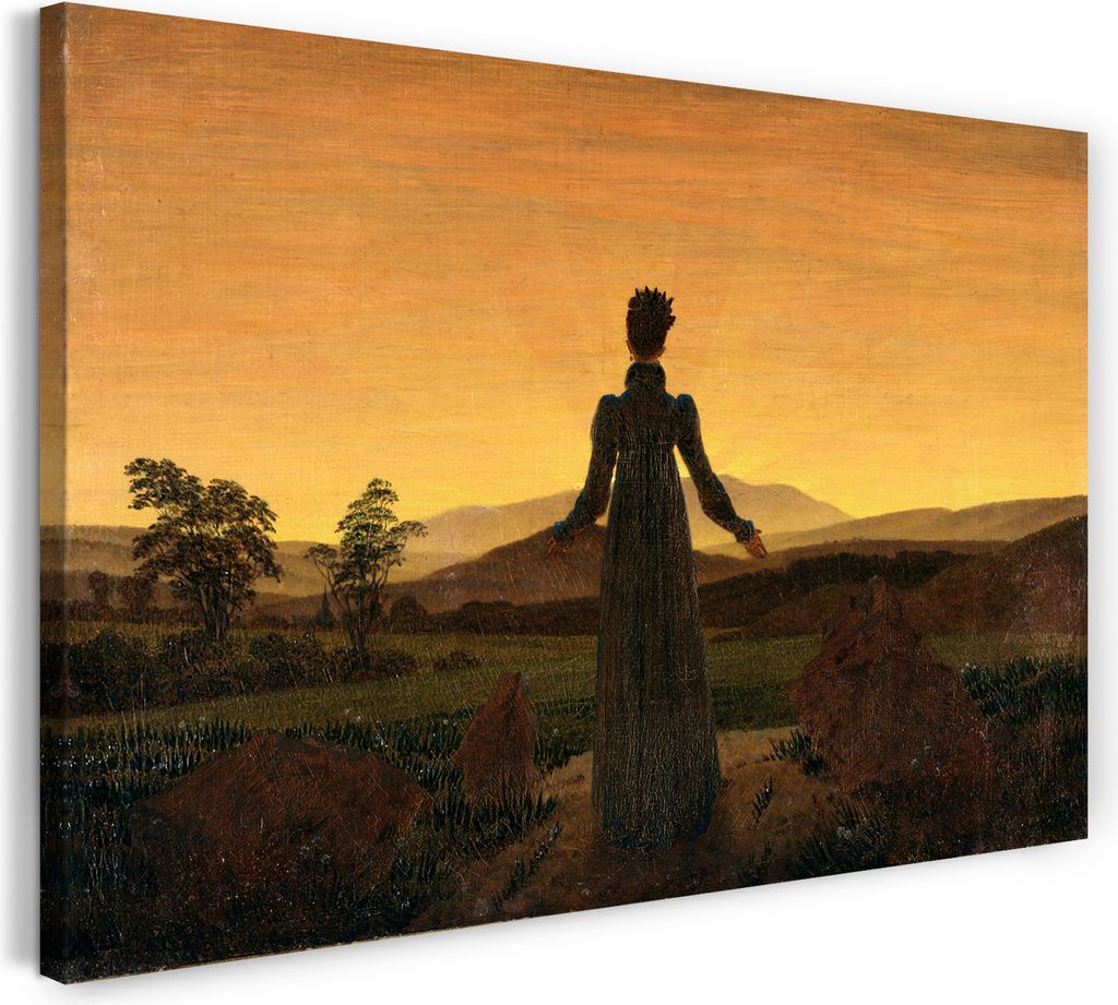 Leinwandbild (80x60cm): Caspar David Friedrich - Frau vor untergehender Sonne, echter Holz-Keilrahmen inkl. Aufhänger, handgefertigt in Deutschland