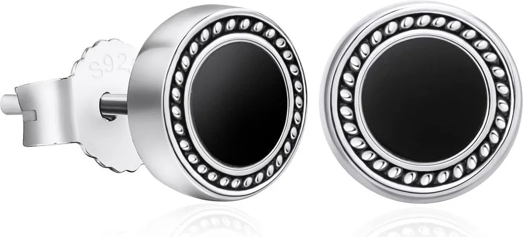 Puces d'Oreilles Homme en Argent Massif S925 et Pierre d'Onyx Noir