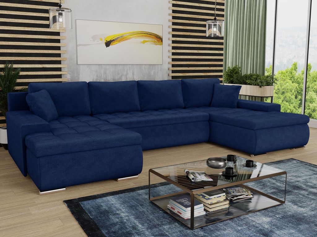 Wohnlandschaft mit Schlaffunktion Faris U-Form - Couch, Schlafsofa mit Bettkasten, Couchgranitur mit Bettfunktion, Big Sofa, Bettsofa (Blau (Kronos...