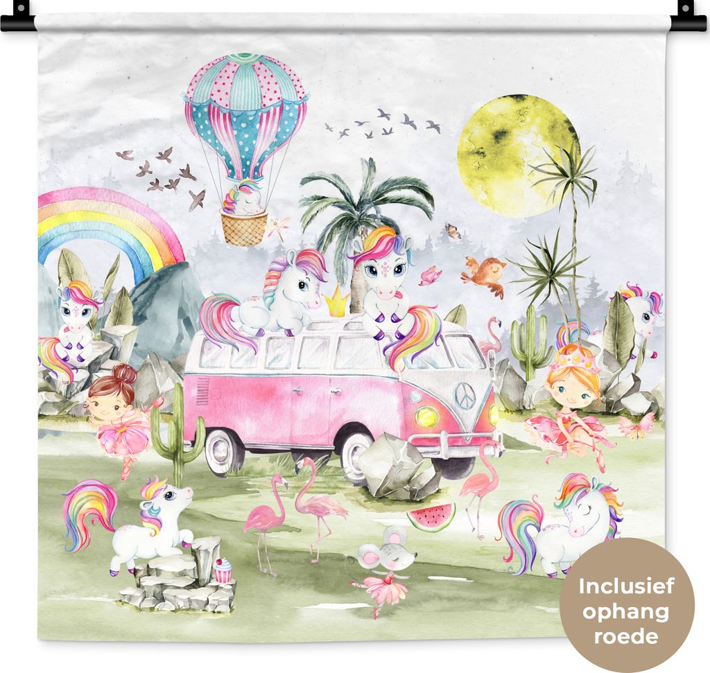 MuchoWow Wandteppich Wandbehang Einhorn - Regenbogen - Kinder - Mädchen - Auto 60x60 cm Tapisserie Dekoration Wandtuch - Dekorationen - Wand Decke