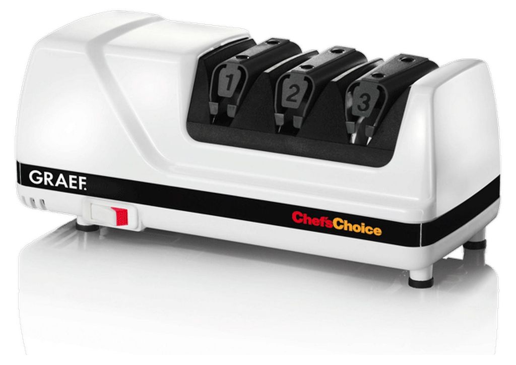 A white electric knife sharpener with three sharpening slots labeled 1, 2, and 3. The brand name 'GRAEF' is visible on the left side, and 'Chef's Choice' is on the right.