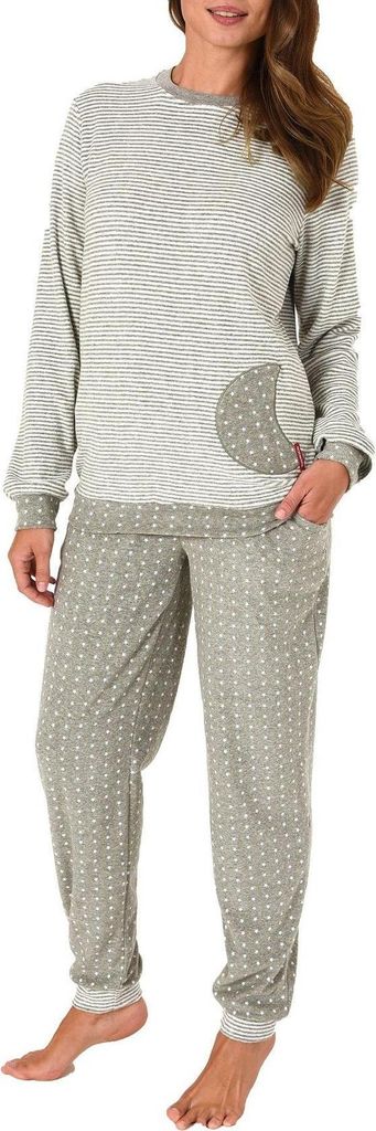 Normann Damen Frottee Pyjama mit Bündchen in Tupfen- und Ringeldesign - auch in Übergröße ; Ringel grau , 44
