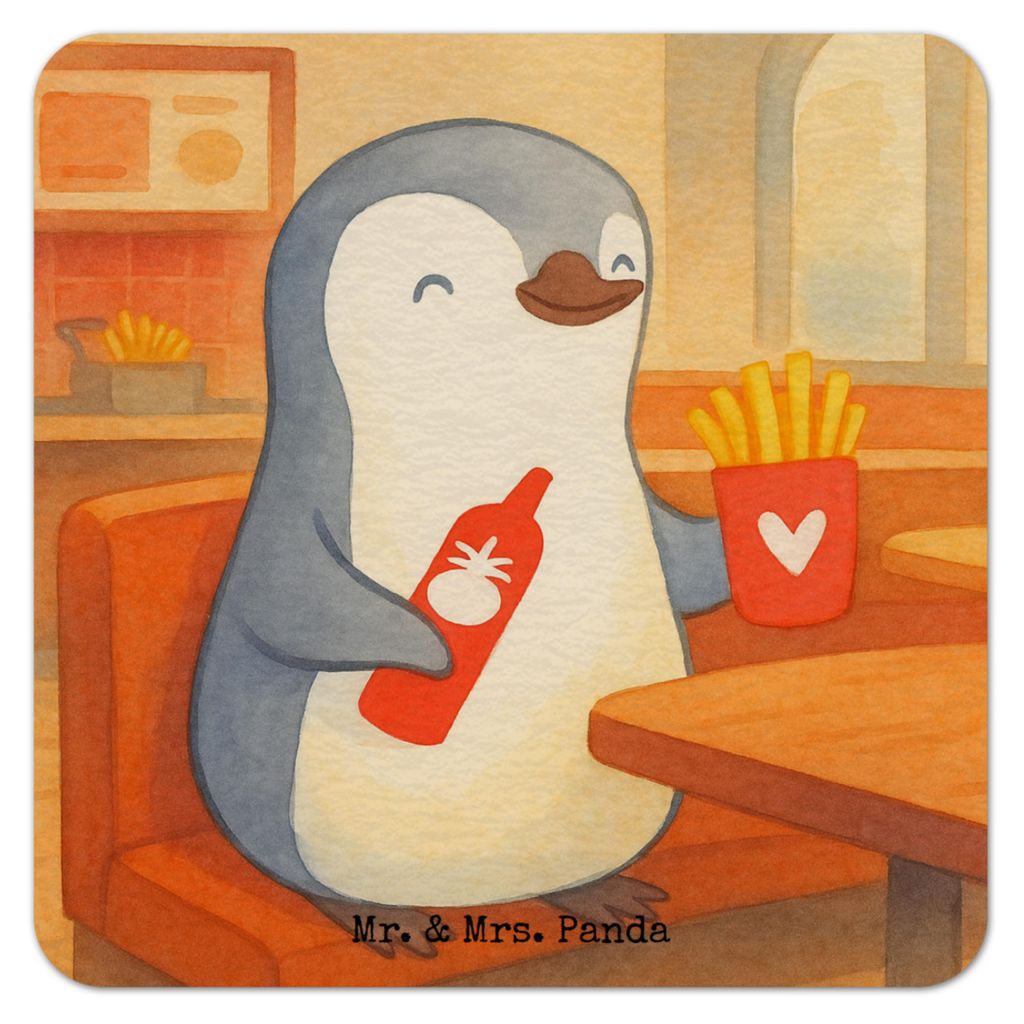 Mr. & Mrs. Panda Tischuntersetzer Pinguin Pommes Design 100er Set - Weiß - Geschenk, Bierdeckel, Freundin, Mitbringsel, für, Freund, bierunterset...