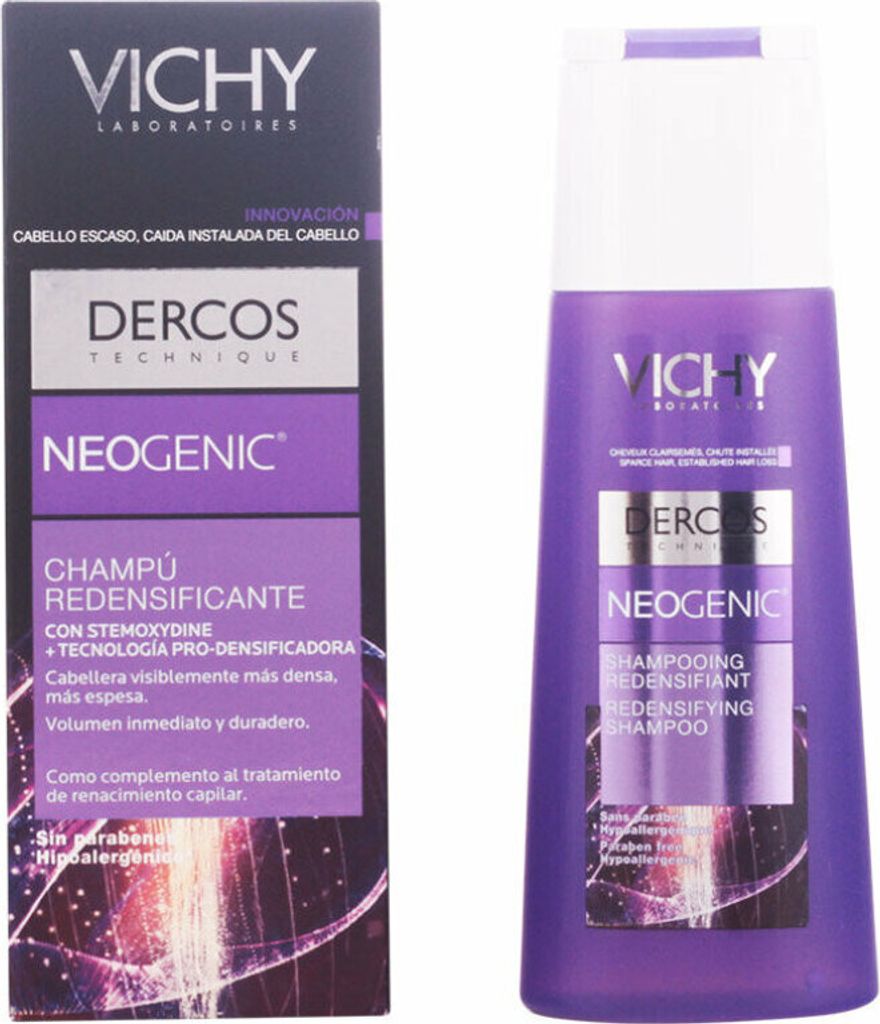 A box and a bottle of Vichy Dercos Neogenic Redensifying Shampoo are shown side-by-side against a white background.