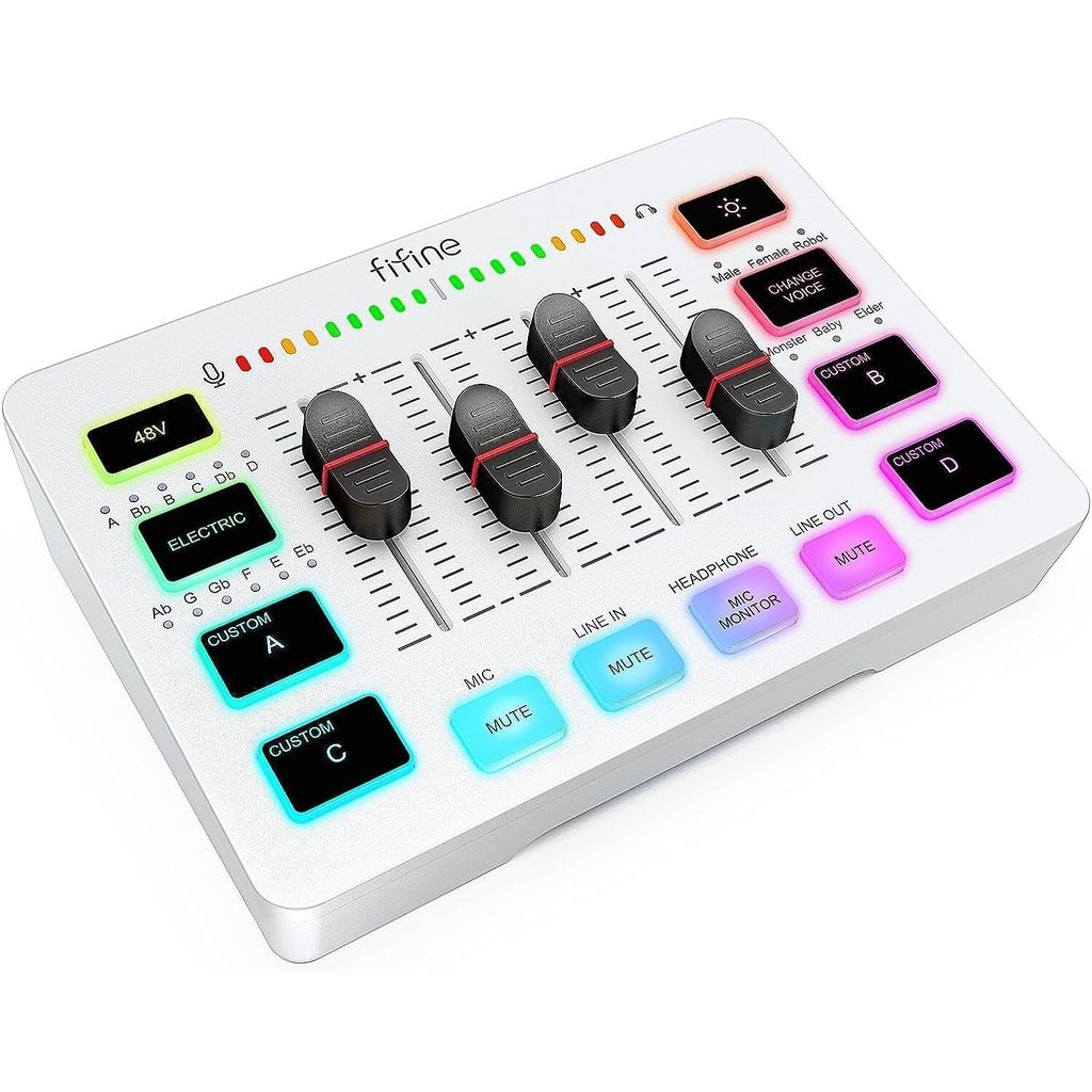 FIFINE Gaming Audio Mixer Streaming RGB PC Mixer mit XLR Mikrofon Interface, Weiß