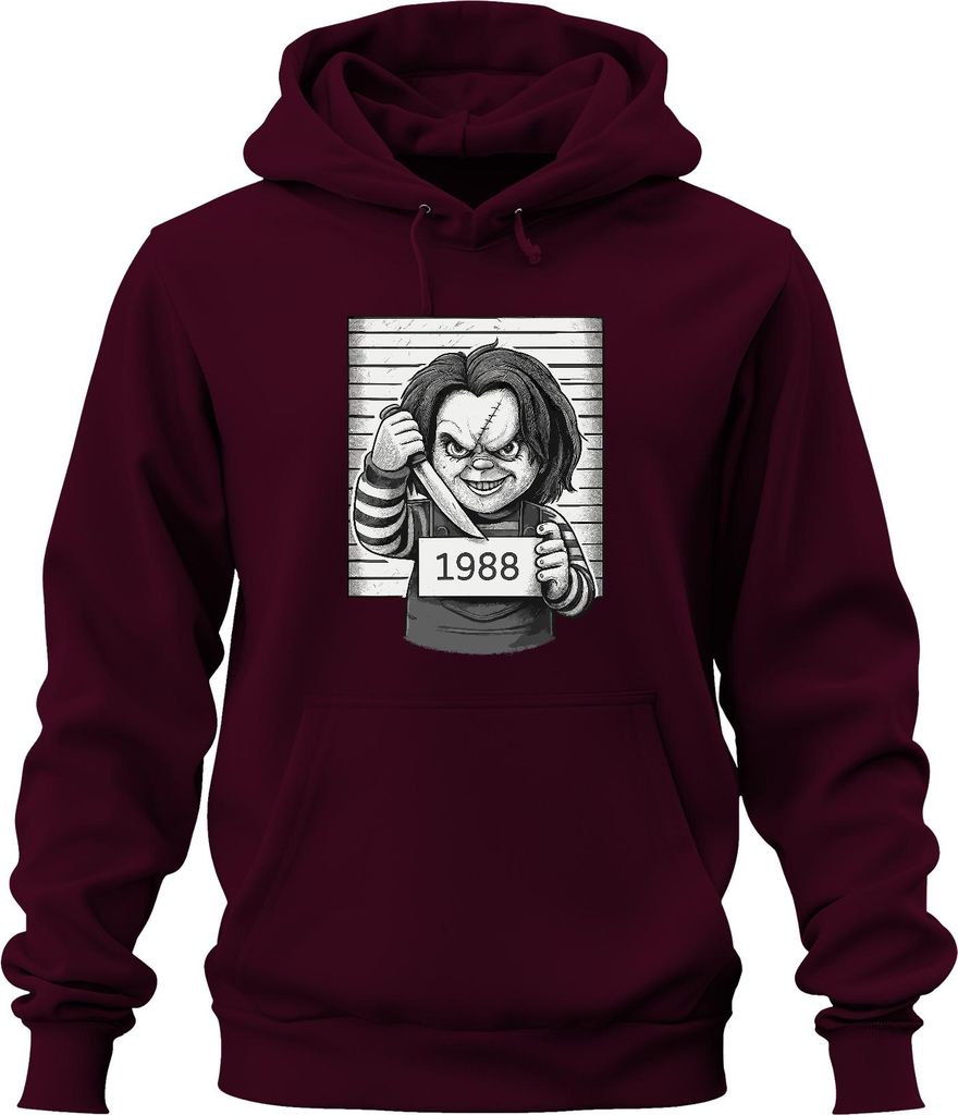 Chucky Mörderpuppe 1988 Horror Polizeifoto Killer Puppe Cult Uni Hoodie Kapuzenpullover, Burgundy, L