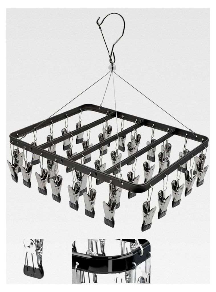 Wäscheständer aus Metall mit 36 Clips und winddichtem Haken, faltbare Wäscheklammer für Socken, Unterwäsche und Kleiderbügel (Schwarz)