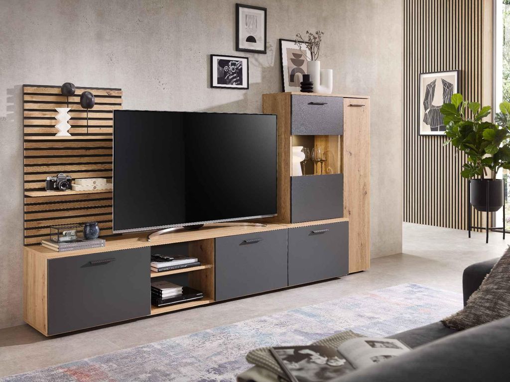 Wohnwand ANCONA in Artisan Eiche Nb. / anthrazit, Lamellenoptik, LED-Beleuchtung, (BxHxT) 250x135x38 cm
