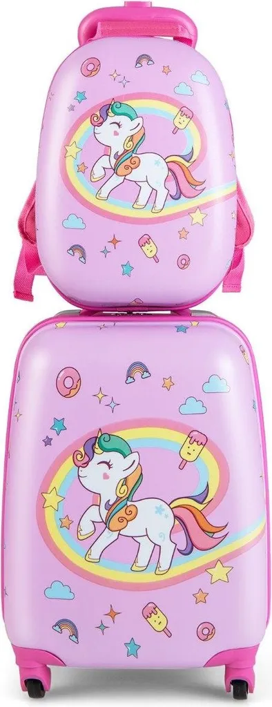 Valise pour enfants rigide rose avec roues pivotantes et sac à dos 2 pcs