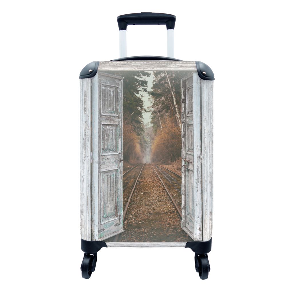 MuchoWow Koffer Handgepäck Trolley Rollkoffer Kleine Reisekoffer mit 4 Rollen - Eisenbahnschienen - Herbst - Aussicht - Wald - Cabin Size < 55x4...