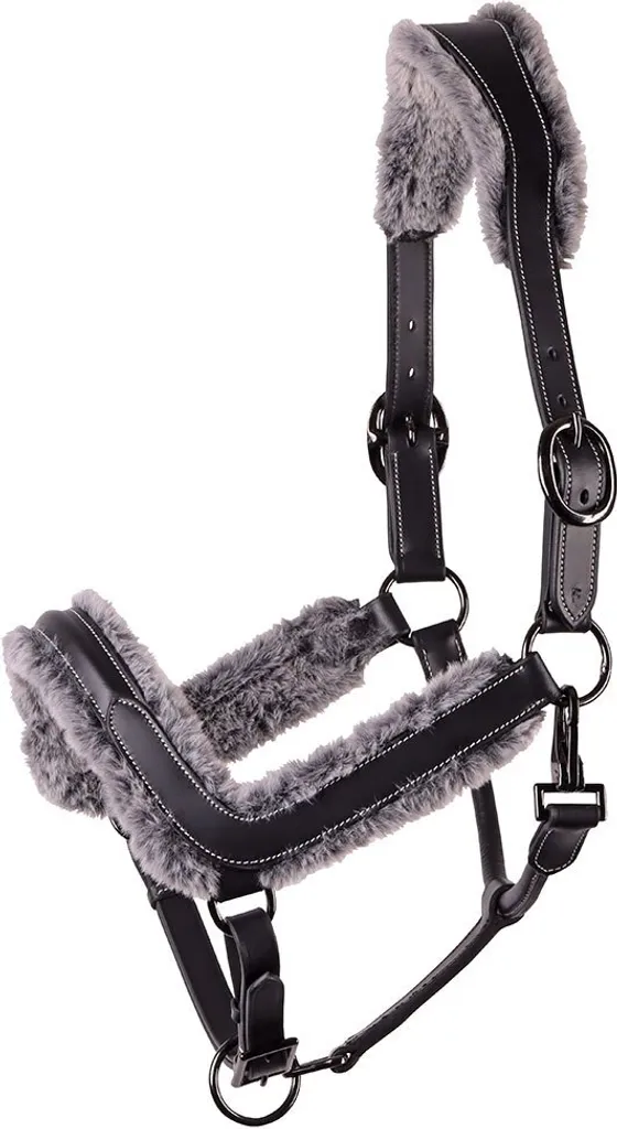Licol anti-frottement pour cheval sensible en cuir mat noir et fourrure