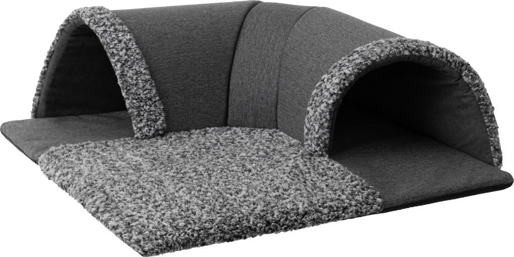 Katzenhütte, Katzenbett, Matte, 2 in 1, Multifunktionaler Liegeplatz, Tunnel und Matratze, Rutschfest, Katzenbett, Flauschig , 70 x 70 cm, Schwarz