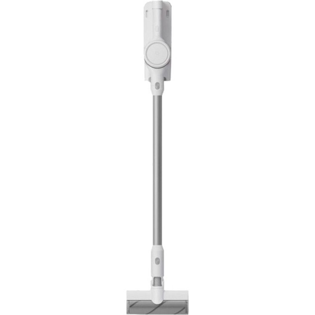 A white cordless stick vacuum cleaner is shown against a white background.