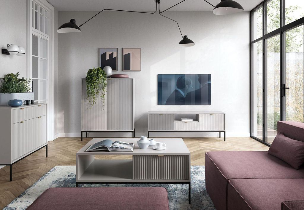 Wohnzimm Set 4-teilig – TV Lowboard – Couchtisch – Hochkommode – Breite Kommode / NOVA -Grau– Modernes Stauraumensemble im strukturierten...