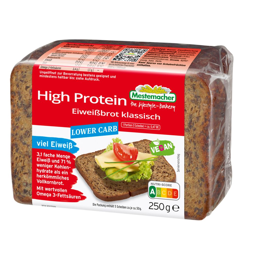 A loaf of high protein bread in its packaging.