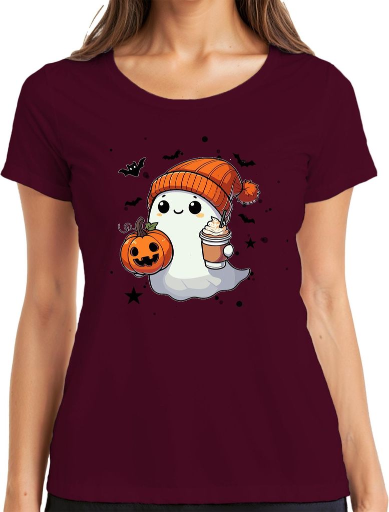 Süßer Halloween Geist Kürbis Pumpkin Spice Latte Herbst Niedlich Damen T-Shirt, Burgundy, XL